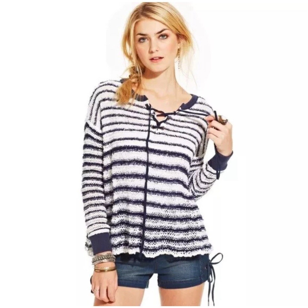 Free People Women's Medium Judy Punk Navy Striped Fringy Knit Lace Up Sweater